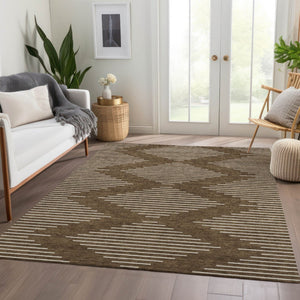 HomeRoots 5' X 8' Stylish Brown and Beige Geometric Area Rug - Washable, UV-Protected, Kid & Pet Friendly! 679698