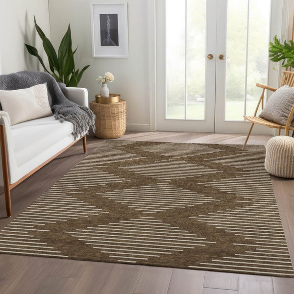 HomeRoots 5' X 8' Stylish Brown and Beige Geometric Area Rug - Washable, UV-Protected, Kid & Pet Friendly! 679698
