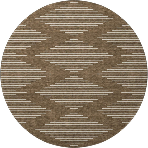 HomeRoots 8' Modern Brown and Beige Geometric Round Rug - Washable, UV Protected, Non-Slip, Stain Resistant 679699