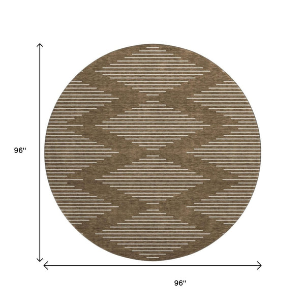 HomeRoots 8' Modern Brown and Beige Geometric Round Rug - Washable, UV Protected, Non-Slip, Stain Resistant 679699