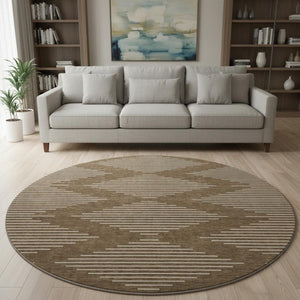 HomeRoots 8' Modern Brown and Beige Geometric Round Rug - Washable, UV Protected, Non-Slip, Stain Resistant 679699