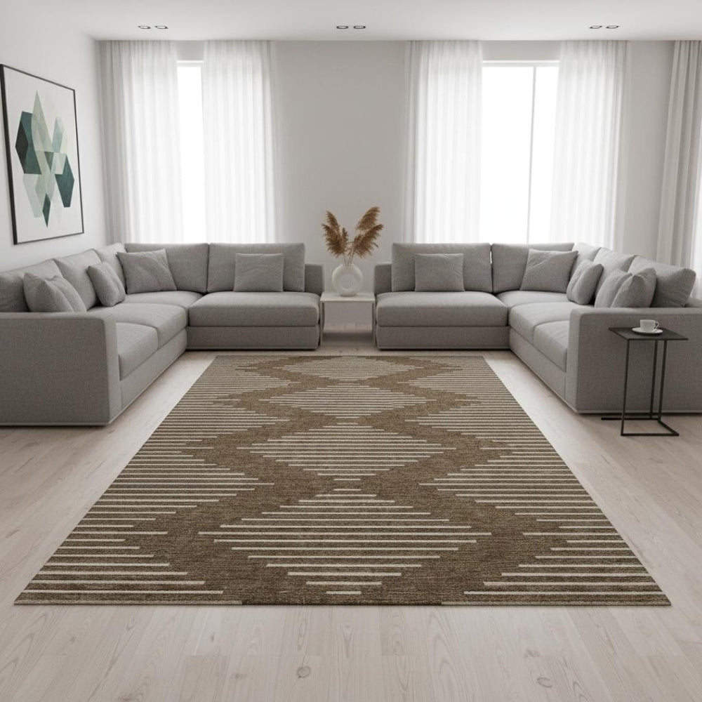 HomeRoots 10' X 14' Brown And Beige Geometric Washable Area Rug - Durable, Stylish, and UV Resistant for Homes 679702