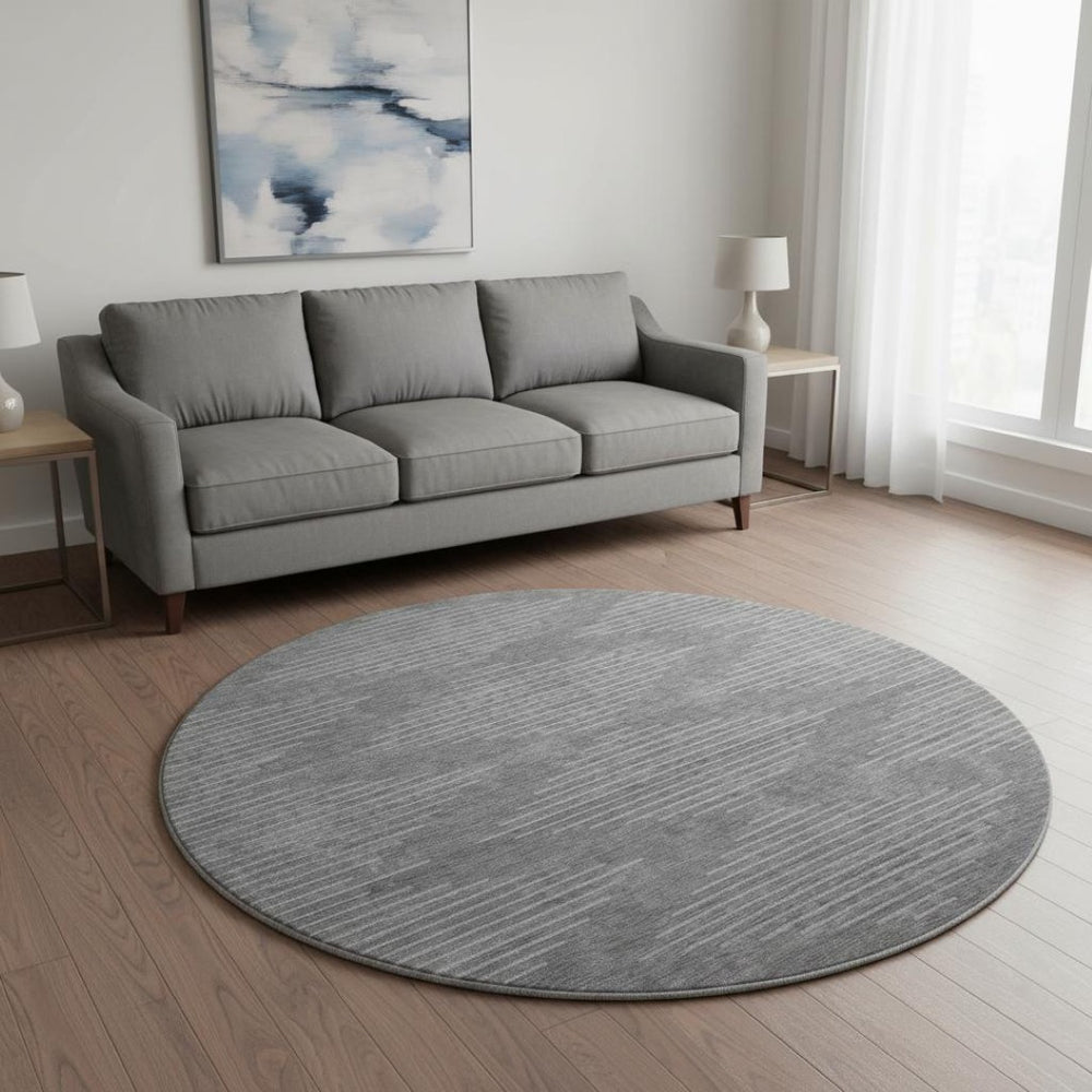 HomeRoots 8' Charcoal & Silver Geometric Washable Round Rug - Durable, Stylish, UV Protected for Busy Homes 679705