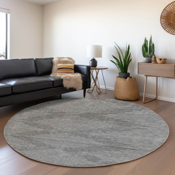 HomeRoots 8' Charcoal & Silver Geometric Washable Round Rug - Durable, Stylish, UV Protected for Busy Homes 679705