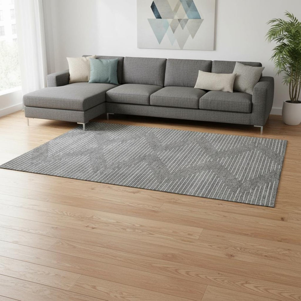 HomeRoots 8' X 10' Charcoal & Silver Geometric Area Rug - Washable, UV-Protected, Durable for Busy Homes! 679706