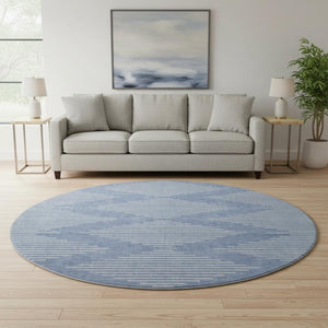 HomeRoots 8' Denim Blue Round Rug with Ivory Geometric Design - UV Resistant, Stain Repellent & Washable 679711