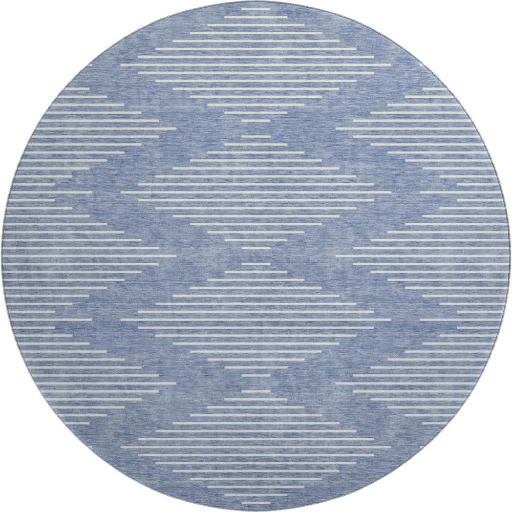 HomeRoots 8' Denim Blue Round Rug with Ivory Geometric Design - UV Resistant, Stain Repellent & Washable 679711