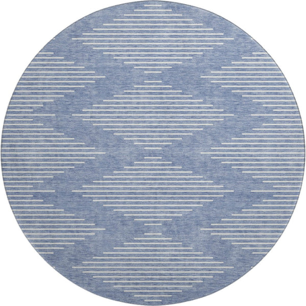 HomeRoots 8' Denim Blue Round Rug with Ivory Geometric Design - UV Resistant, Stain Repellent & Washable 679711