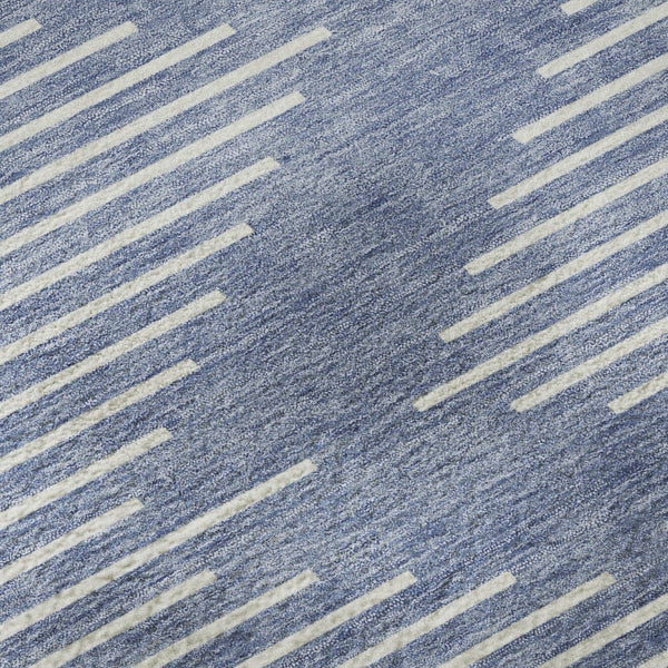 HomeRoots 8' Denim Blue Round Rug with Ivory Geometric Design - UV Resistant, Stain Repellent & Washable 679711