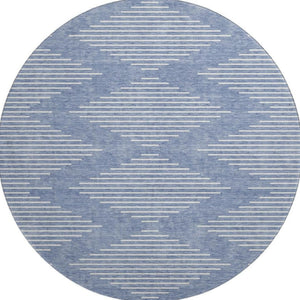 HomeRoots 8' Denim Blue Round Rug with Ivory Geometric Design - UV Resistant, Stain Repellent & Washable 679711