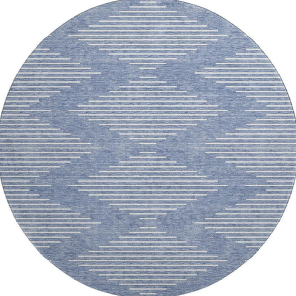 HomeRoots 8' Denim Blue Round Rug with Ivory Geometric Design - UV Resistant, Stain Repellent & Washable 679711