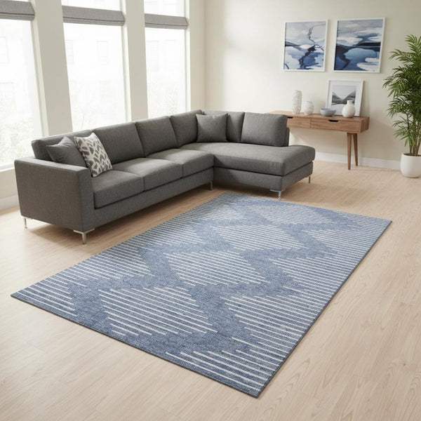 HomeRoots 8' X 10' Stylish Denim Blue & Ivory Geometric Washable Area Rug with UV Protection & Durability 679712