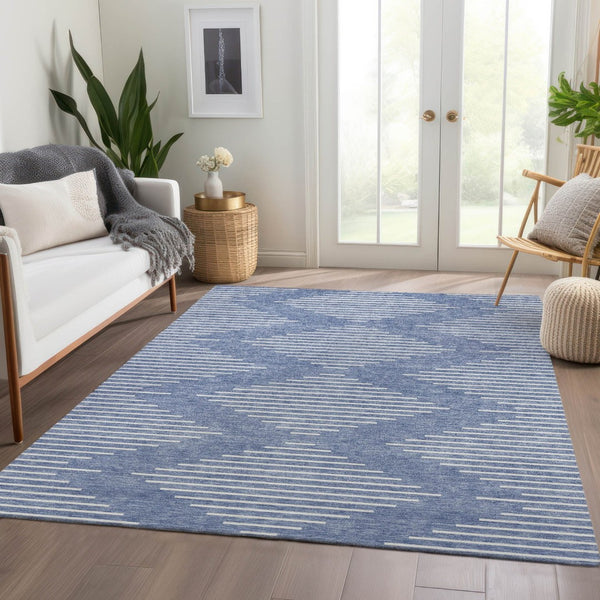 HomeRoots 8' X 10' Stylish Denim Blue & Ivory Geometric Washable Area Rug with UV Protection & Durability 679712