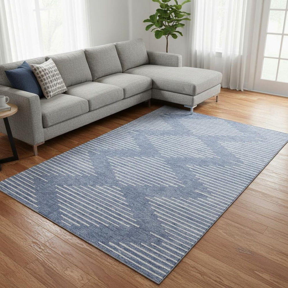 HomeRoots 9' X 12' Denim Blue & Ivory Geometric Area Rug - Washable, UV-Protected, Stain-Resistant Design! 679713