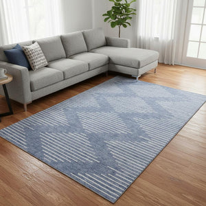 HomeRoots 9' X 12' Denim Blue & Ivory Geometric Area Rug - Washable, UV-Protected, Stain-Resistant Design! 679713