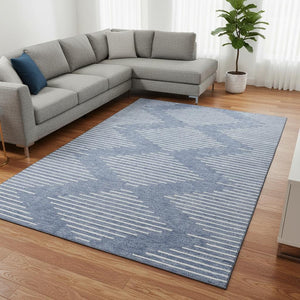 HomeRoots 10' Denim Blue and Ivory Geometric Area Rug - Washable, UV Protected, Perfect for High-Traffic Spaces 679714