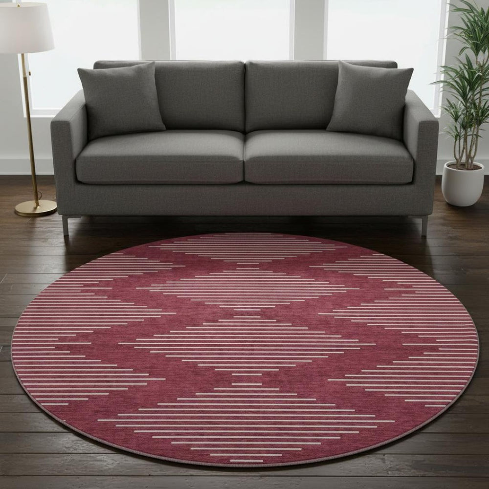 HomeRoots 8' Burgundy and Ivory Geometric Washable Round Rug - Durable, Stylish, UV-Protected for Busy Homes 679717