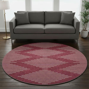 HomeRoots 8' Burgundy and Ivory Geometric Washable Round Rug - Durable, Stylish, UV-Protected for Busy Homes 679717