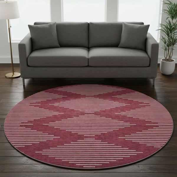 HomeRoots 8' Burgundy and Ivory Geometric Washable Round Rug - Durable, Stylish, UV-Protected for Busy Homes 679717