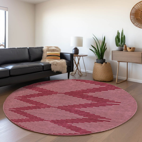 HomeRoots 8' Burgundy and Ivory Geometric Washable Round Rug - Durable, Stylish, UV-Protected for Busy Homes 679717