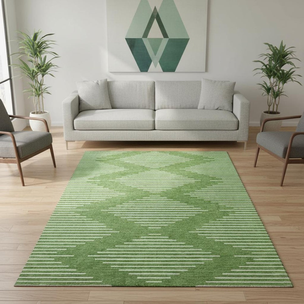 HomeRoots 5' X 8' Green and Ivory Geometric Washable Area Rug - Durable, Stain-Resistant, UV Protected Design 679722