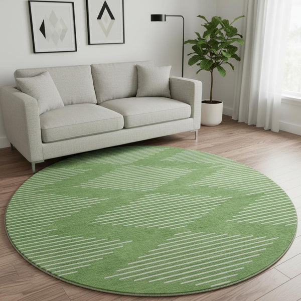 HomeRoots 8' Geometric Round Rug in Green & Ivory - Washable, UV-Protected, Durable Comfort for Any Space 679723