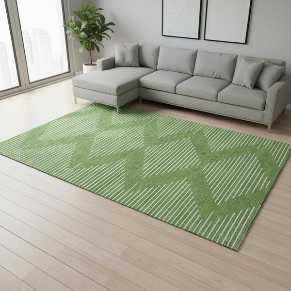 HomeRoots 9' X 12' Green and Ivory Geometric Area Rug - Washable, UV Protected, Stylish & Durable for Any Room 679725