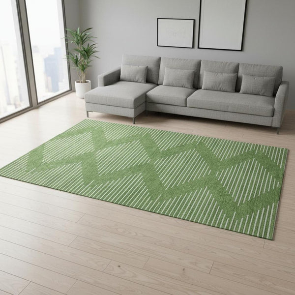 HomeRoots 10' x 14' Green and Ivory Geometric Washable Area Rug – UV Protected, Stain-Resistant, Modern Design 679726