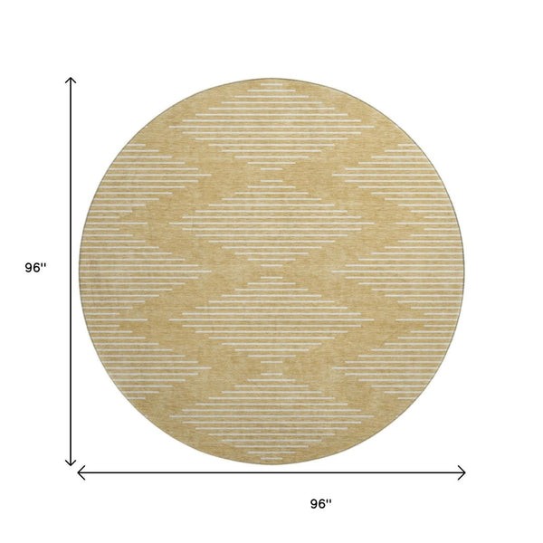 HomeRoots 8' Gold And Ivory Geometric Round Rug – Washable, UV Protected, Stylish for Modern Interiors 679729