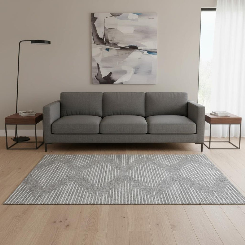 HomeRoots 5' X 8' Gray and Ivory Geometric Washable Area Rug with Stain Resistance and UV Protection for Homes 679734