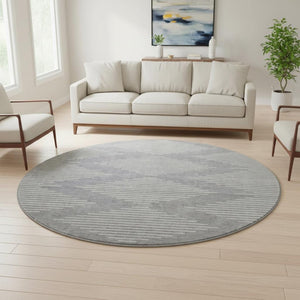 HomeRoots 8' Gray and Ivory Geometric Round Rug - Washable, UV-Protected, Stylish, Stain-Resistant Beauty 679735