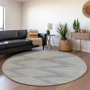 HomeRoots 8' Gray and Ivory Geometric Round Rug - Washable, UV-Protected, Stylish, Stain-Resistant Beauty 679735