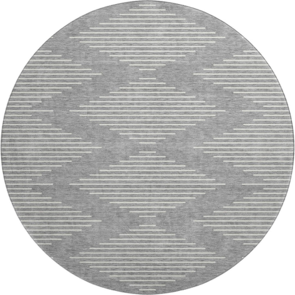 HomeRoots 8' Gray and Ivory Geometric Round Rug - Washable, UV-Protected, Stylish, Stain-Resistant Beauty 679735