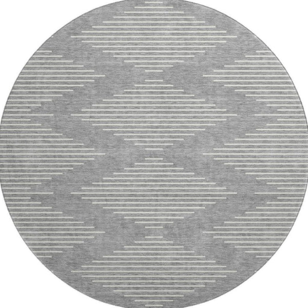 HomeRoots 8' Gray and Ivory Geometric Round Rug - Washable, UV-Protected, Stylish, Stain-Resistant Beauty 679735