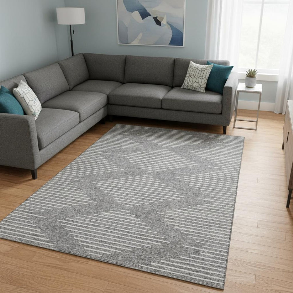 HomeRoots 8' X 10' Gray and Ivory Geometric Washable Area Rug – UV Protected, Stylish, Durable for Any Space 679736