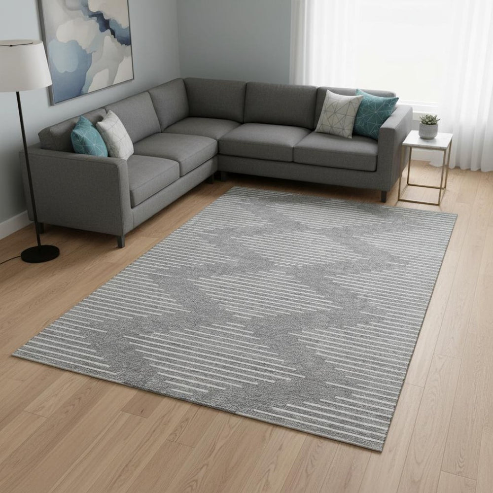 HomeRoots 10' X 14' Gray and Ivory Geometric Area Rug - Washable, UV Protected, Stylish for High-Traffic Spaces 679738