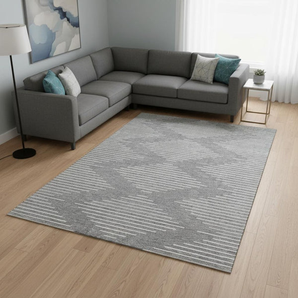 HomeRoots 10' X 14' Gray and Ivory Geometric Area Rug - Washable, UV Protected, Stylish for High-Traffic Spaces 679738