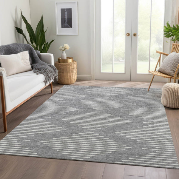 HomeRoots 10' X 14' Gray and Ivory Geometric Area Rug - Washable, UV Protected, Stylish for High-Traffic Spaces 679738