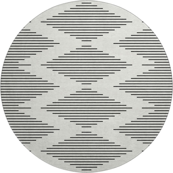HomeRoots 8' Ivory and Black Geometric Round Rug - Washable, UV-Protected, Stain-Resistant, Durable Design 679741
