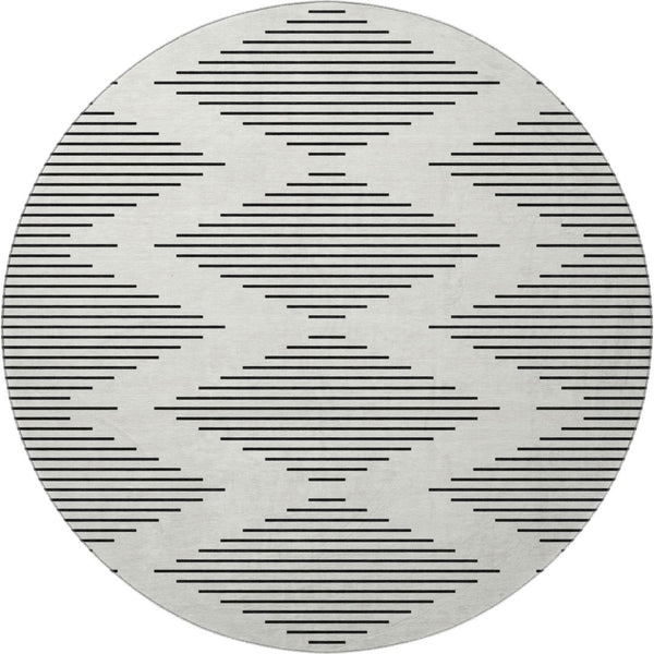 HomeRoots 8' Ivory and Black Geometric Round Rug - Washable, UV-Protected, Stain-Resistant, Durable Design 679741