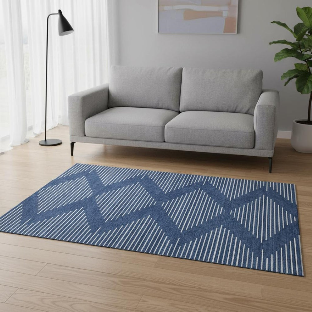 HomeRoots 5' X 8' Navy Blue & Ivory Geometric Area Rug – Durable, Stain-Resistant, UV Protected for Modern Homes 679758