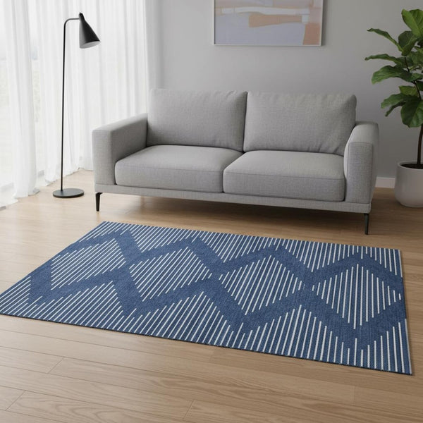HomeRoots 5' X 8' Navy Blue & Ivory Geometric Area Rug – Durable, Stain-Resistant, UV Protected for Modern Homes 679758