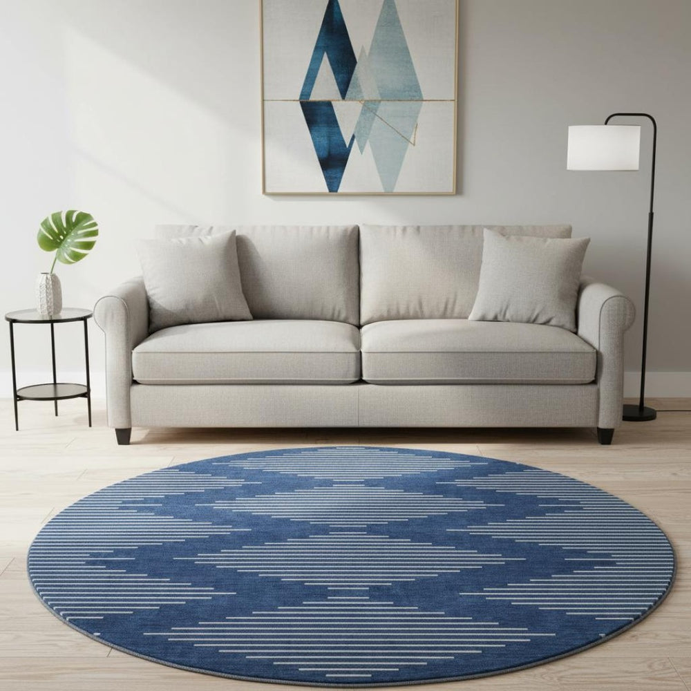 HomeRoots 8' Navy Blue Geometric Round Rug – Washable, UV-Protected, Stylish for High-Traffic Areas & Homes 679759