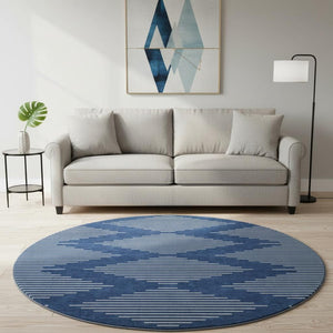 HomeRoots 8' Navy Blue Geometric Round Rug – Washable, UV-Protected, Stylish for High-Traffic Areas & Homes 679759