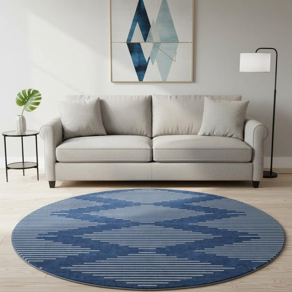 HomeRoots 8' Navy Blue Geometric Round Rug – Washable, UV-Protected, Stylish for High-Traffic Areas & Homes 679759