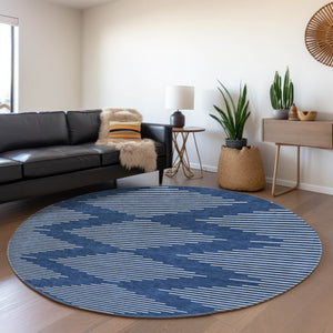 HomeRoots 8' Navy Blue Geometric Round Rug – Washable, UV-Protected, Stylish for High-Traffic Areas & Homes 679759