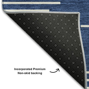 HomeRoots 8' Navy Blue Geometric Round Rug – Washable, UV-Protected, Stylish for High-Traffic Areas & Homes 679759