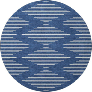 HomeRoots 8' Navy Blue Geometric Round Rug – Washable, UV-Protected, Stylish for High-Traffic Areas & Homes 679759
