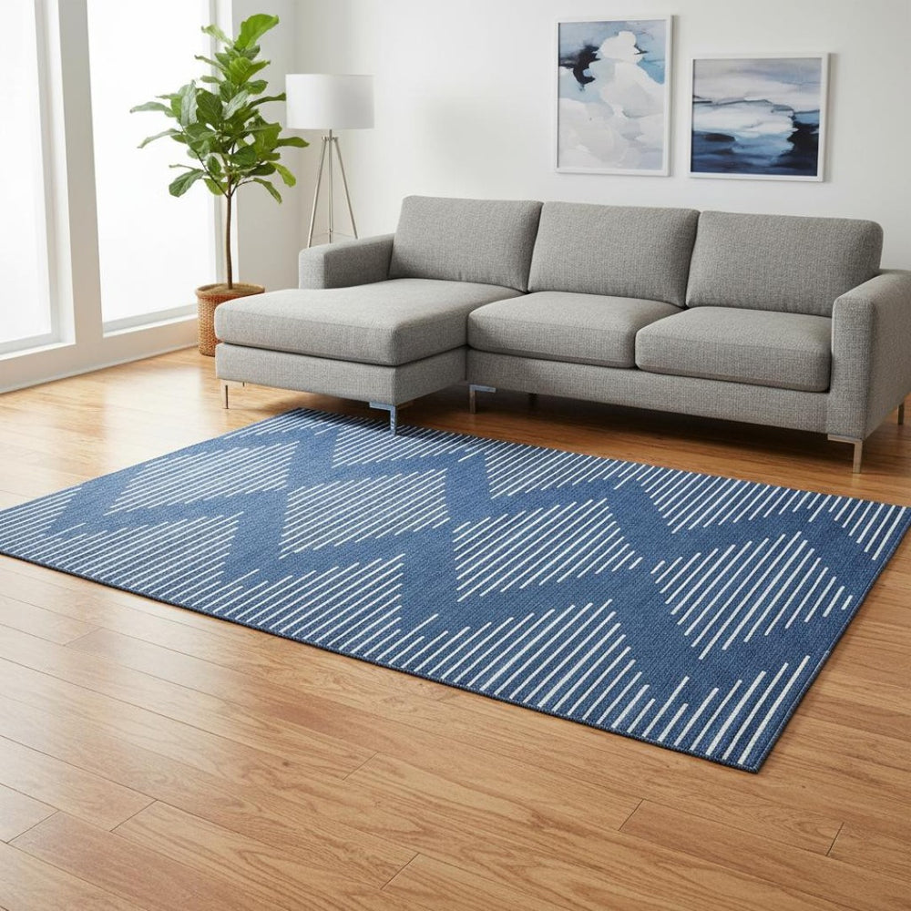 HomeRoots 9' X 12' Navy Blue & Ivory Geometric Area Rug - Stylish, Stain-Resistant, UV Protected for Any Room 679761