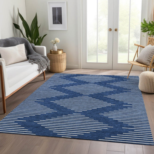 HomeRoots 10' X 14' Navy Blue and Ivory Geometric Area Rug - Stylish, Washable, UV Protected for Homes with Kids 679762